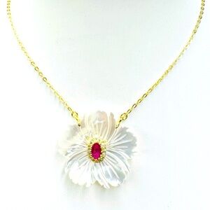 Elegant Hawaii Flower w/Pink Tourmaline Stone 18K Gold Sterling Silver Necklace
